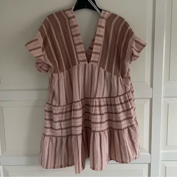 New! Free People Tan Brown Striped Cotton Living Tunic Mini Dress 20208 - Picture 2 of 11